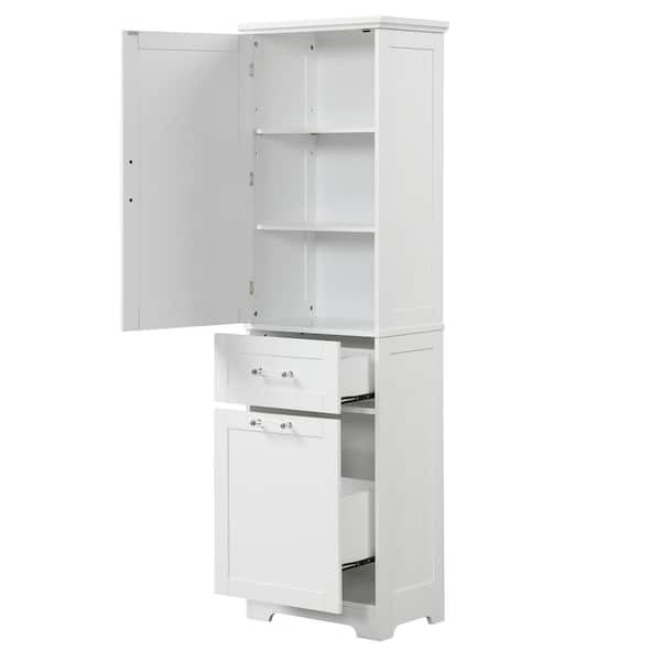 28.15 in. W x 15 in. D x 67.4 in. H White Wood Linen Cabinet with Adjustable Shelf and Storage Racks