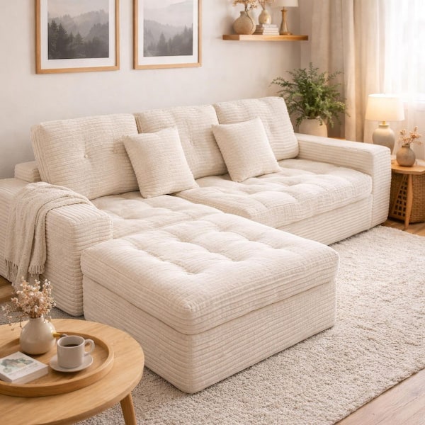 Aubrey 105 in. Square Arms 3-Piece Faux Rabbit Fur Fabric Modular Compressed Sectional Sofa in. Cream White with Ottoman