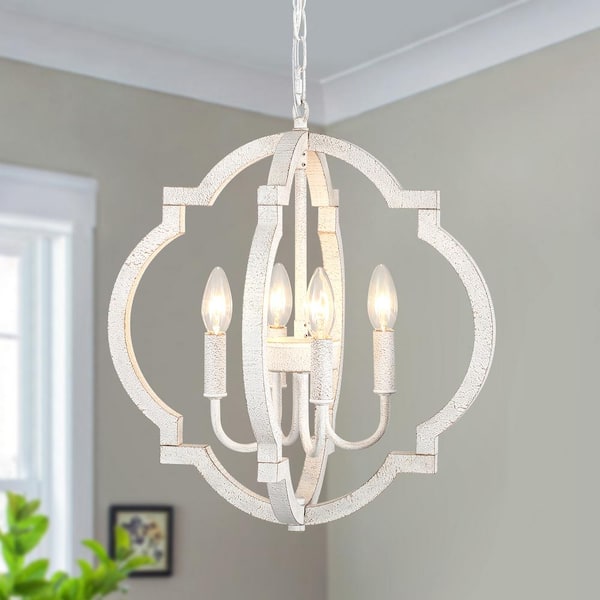 LWYTJO Tieton 4-Light White Vintage Orb Wood Chandelier Rustic Farmhouse Candlestick Geometric Kitchen Island Cottage Pendant