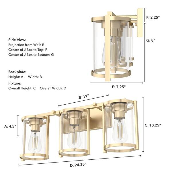 Hunter - Astwood 24.25 in. 3-Light Alturas Gold Vanity Light with Clear Glass Shades Bathroom Light