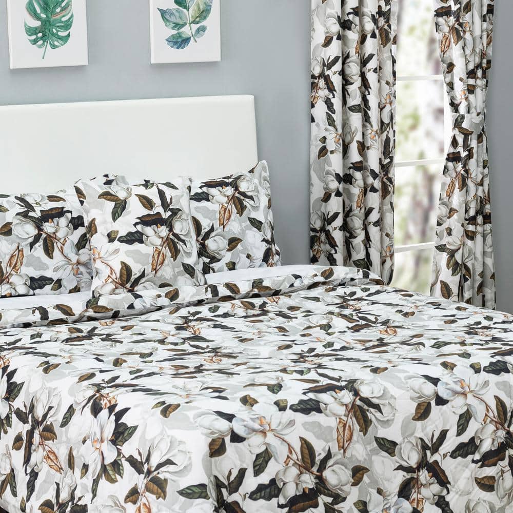 Magnolia Floral Blackout Cotton Polyester Curtain Panel Pair with Tiebacks, 100" x 63"