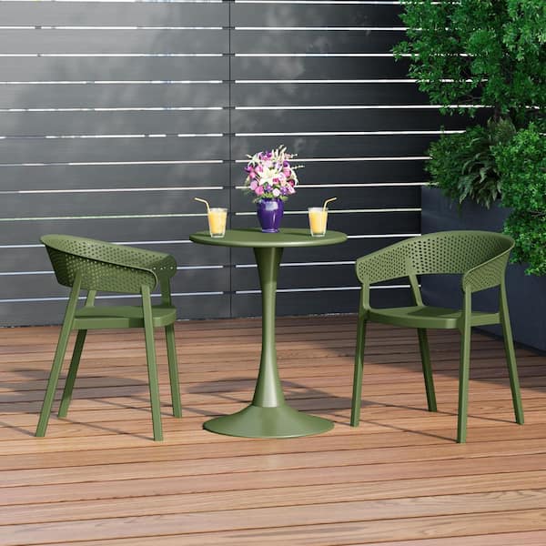 Frond and Form Outdoor Patio Poly Plastic Stacking Curved Back Dining Armchair (Set of 2), Olive Green