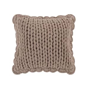 Chunky Knitted Taupe Polyester 14 in. x 14 in. Decorative Throw Pillow