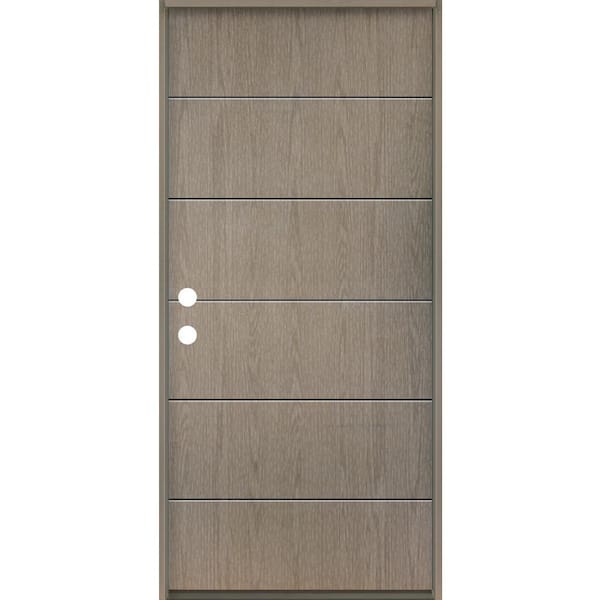 Krosswood Doors TETON Modern 36 in. x 80 in. Right-Hand/Inswing 6-Grid Solid Panel Oiled Leather Stain Fiberglass Prehung Front Door