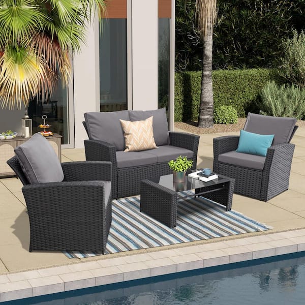 4-Piece Black Outdoor Wicker Conversation Sets with Gray Cushions and Coffee Table for Outside