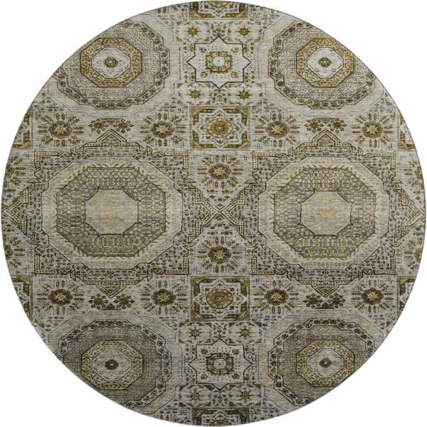 Mayfield Premium Machine Washable Abstract AMF1923 Taupe 8 ft. x 8 ft. Round Rug