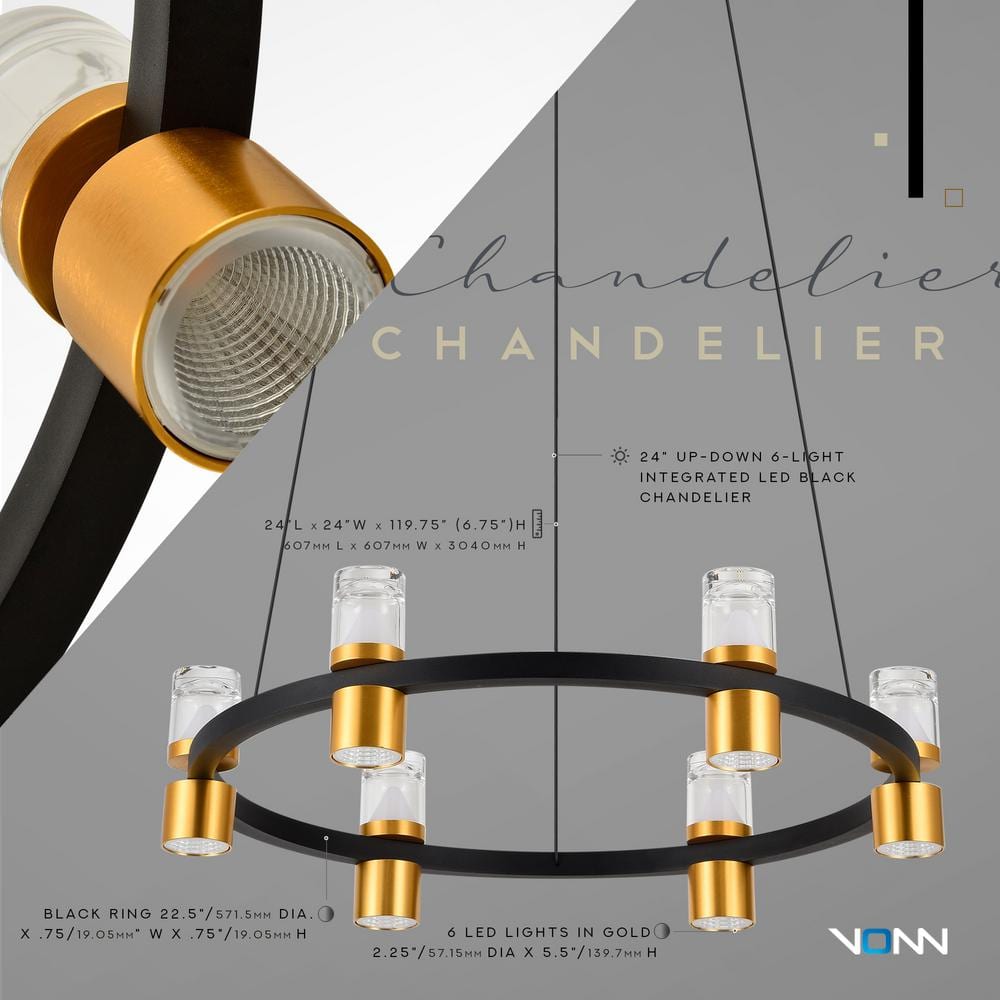 Black and Gold Adjustable LED Ring Chandelier with Crystal Shades