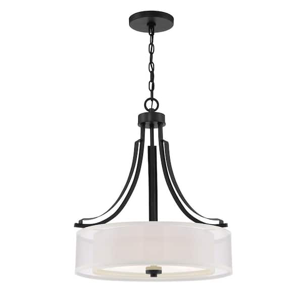 Parsons Studio 3-Light Sand Black Drum Style Pendant with Translucent Silver Linen and Etched White Glass Shade