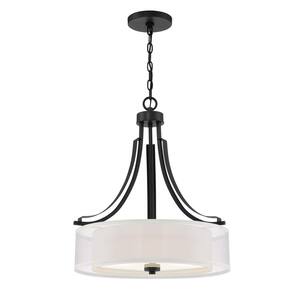 Parsons Studio 3-Light Sand Black Drum Style Pendant with Translucent Silver Linen and Etched White Glass Shade