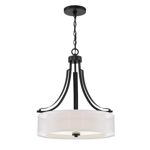 Minka Lavery Parsons Studio 3-Light Sand Black Drum Style Pendant with Translucent Silver Linen and Etched White Glass Shade