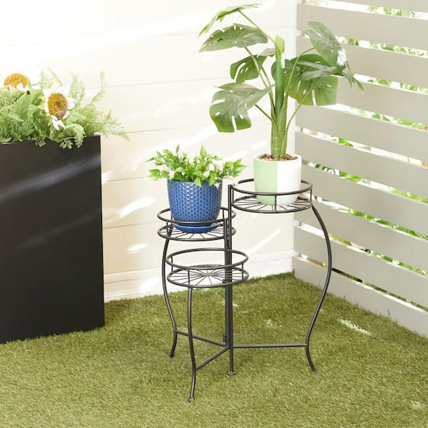 Litton Lane 22 in. Black Round Metal Sunburst Plantstand with 3-Tiers