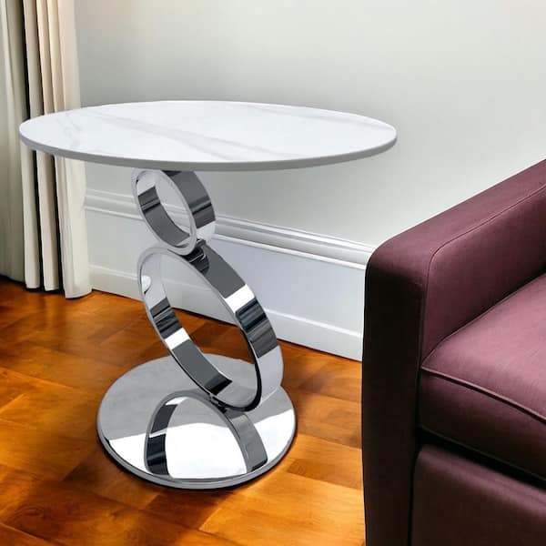 21.6 in. Silver, White Round Stone End Table