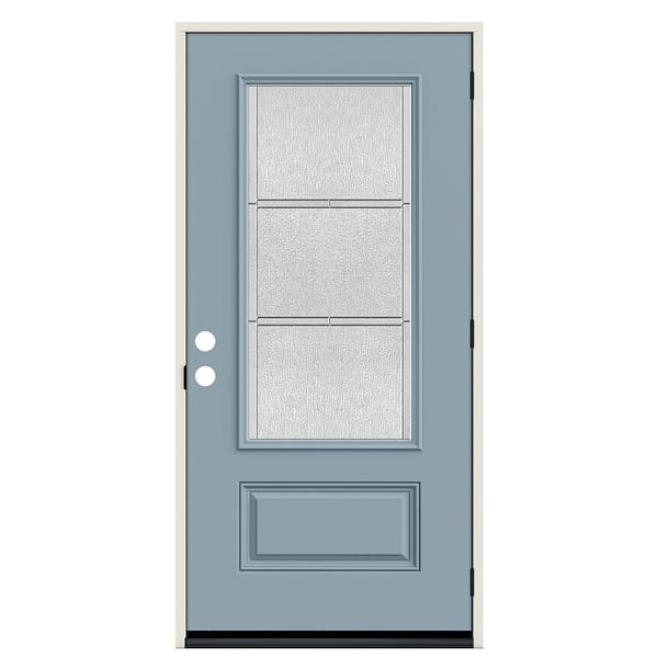 36 in. x 80 in. Left-Hand 3/4-Lite Eastfield Decorative Glass LightBlue Paint Fiberglass Prehung Front Door w/Brickmould