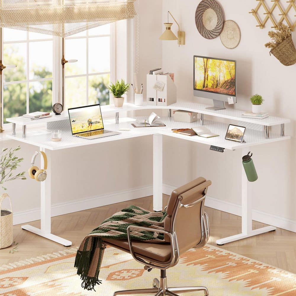 63 in. L-Shaped White Carbon Fiber Wood Sit to Executive Desk with 3-Height Memory Presets, USB Port & Monitor Stand