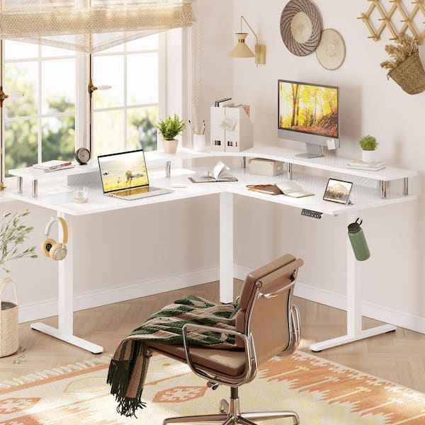63 in. L-Shaped White Carbon Fiber Wood Sit to Executive Desk with 3-Height Memory Presets, USB Port & Monitor Stand