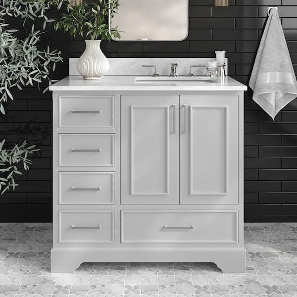ARIEL Stafford 37 in. W x 22 in. D x 35.25 in. H Right Single Sink Bath Vanity in Grey with Carrara White Marble Top