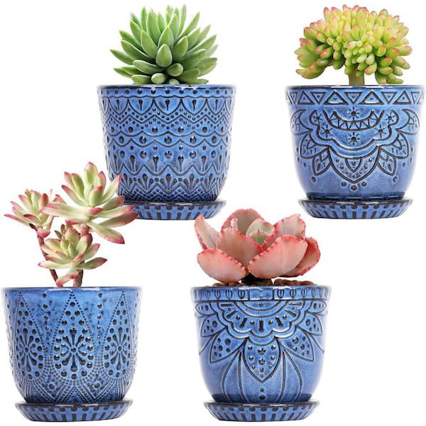 ITOPFOX Bohemian 3.7 in. L x 4 in. W x 4 in. H Blue Ceramic Round Indoor Planter (4-Pack)
