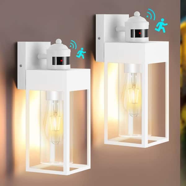 13.2 in. White Motion Sensing Modern Porch Lights Outdoor Hardwired Wall Lantern Sconce with No Bulbs Included (2-Pack)