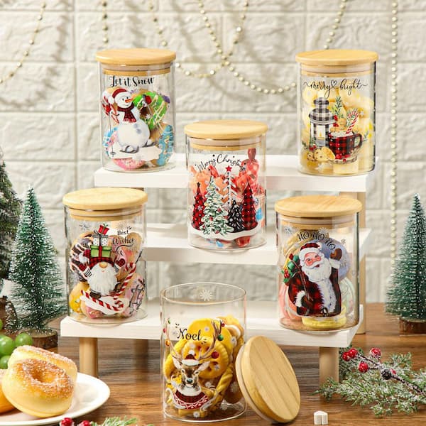 Christmas 6-Piece Glass Food Storage Jars Set with Wood Lids, Watercolor Christmas Patterns, Candy Storage 19oz, Kitchen