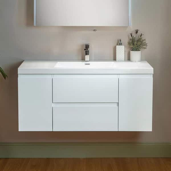 WOODBRIDGE NJ 47.25 in. W x 19.63 in. D x 22.5 in. H Single Sink Floating Bath LED Vanity in White with White Resin Top