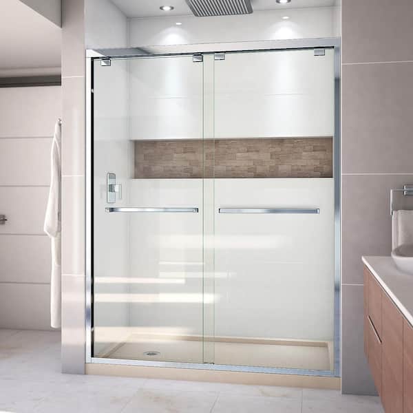 DreamLine Encore 30 in. D x 60 in. W x 78.75 in. H Semi-Frameless Sliding Shower Door in Chrome with Left Drain Biscuit Base