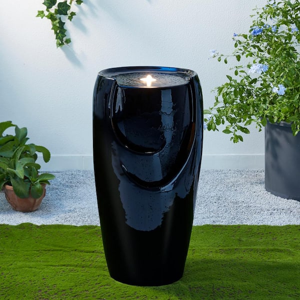 29.25 in. H Oversized Black Outdoor Ceramic Pot Fountain with Pump and LED  Light
