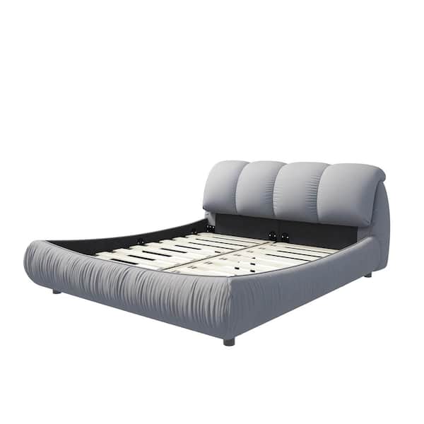 High End Gray Wood Frame King Size Upholstered Platform Bed with Oversize Headboard, Thickened Slats, Pleating Bed Body