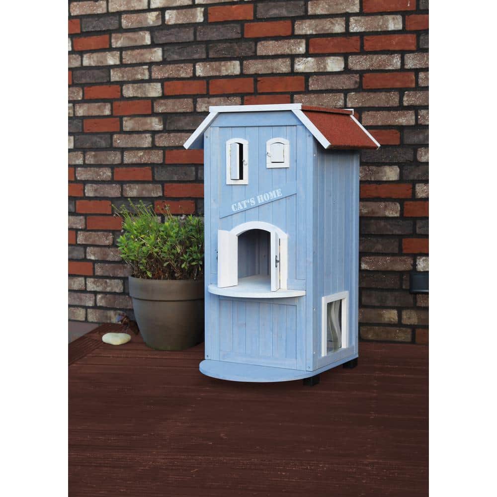 Sky Blue and White Pine 3-Story Outdoor Cat House