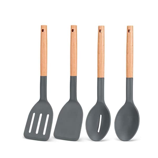 Gray Silicone Cooking Utensils Set, Non Stick Solid Spatulas, Heat Resistant Slotted Spoons with Wooden Handle