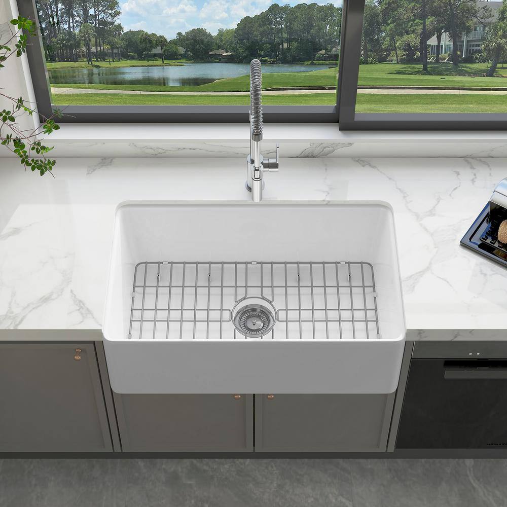 Sinber 30" White Fireclay Farmhouse Apron Kitchen Sink with Drainboard