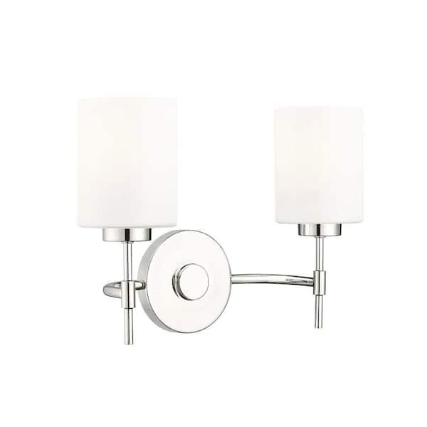 Keylee 15.5 in. 2-Light Polished Nickel Vanity Light with Glossy Opal White Glass Shades