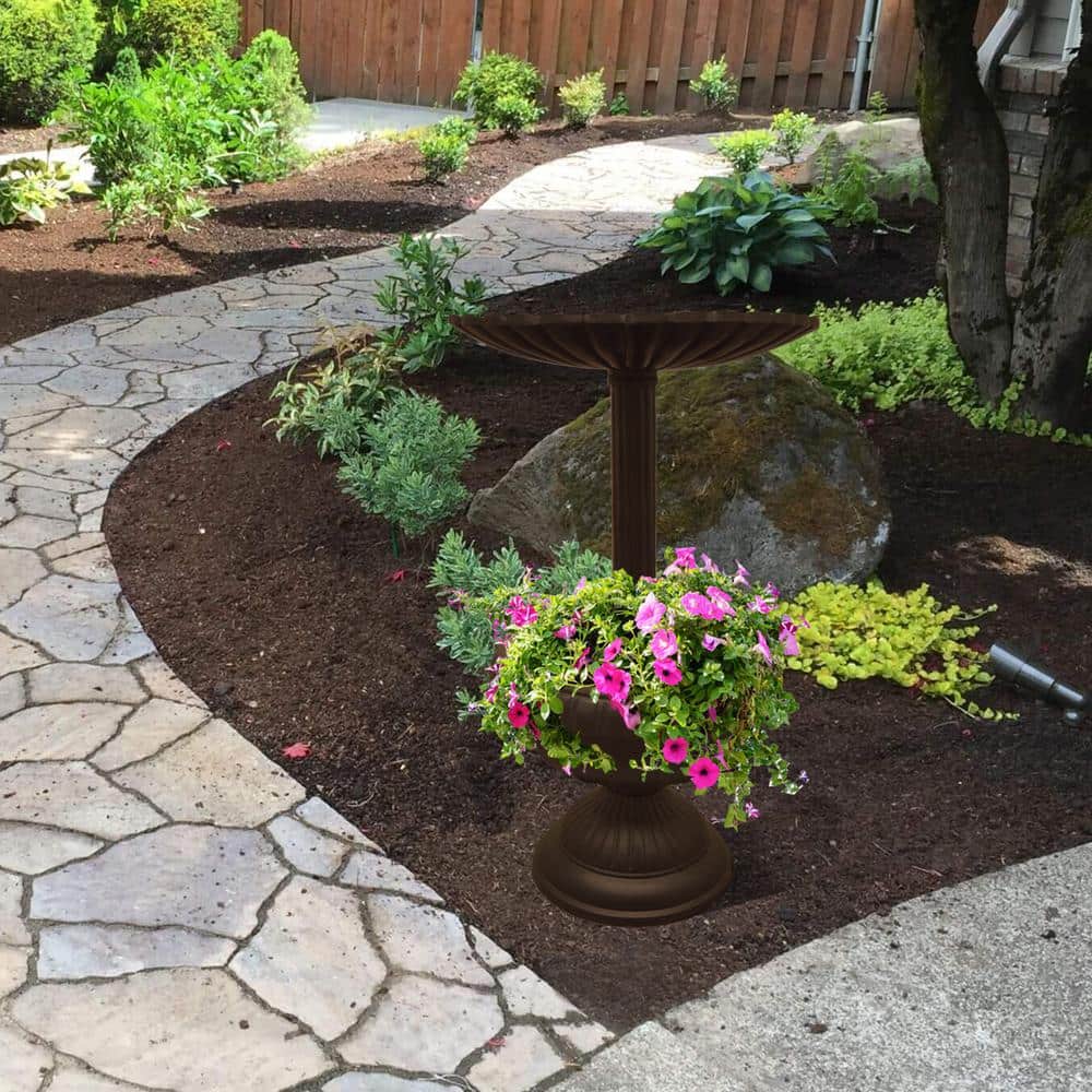 Ornate Brown Cast Aluminum Bird Bath with Planter Vase