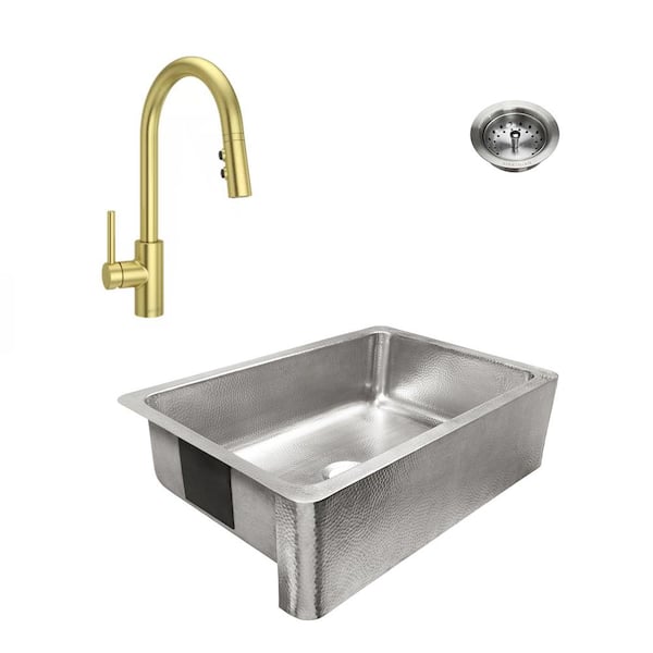 SINKOLOGY Lange 32 in. Farmhouse Single Bowl 18 Gauge Brushed Stainless Steel Kitchen Sink with Stellen Faucet (Satin Gold) Kit