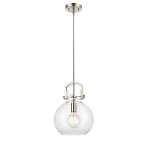 Newton Sphere 1-Light Brushed Satin Nickel Clear Shaded Pendant Light with Clear Glass Shade