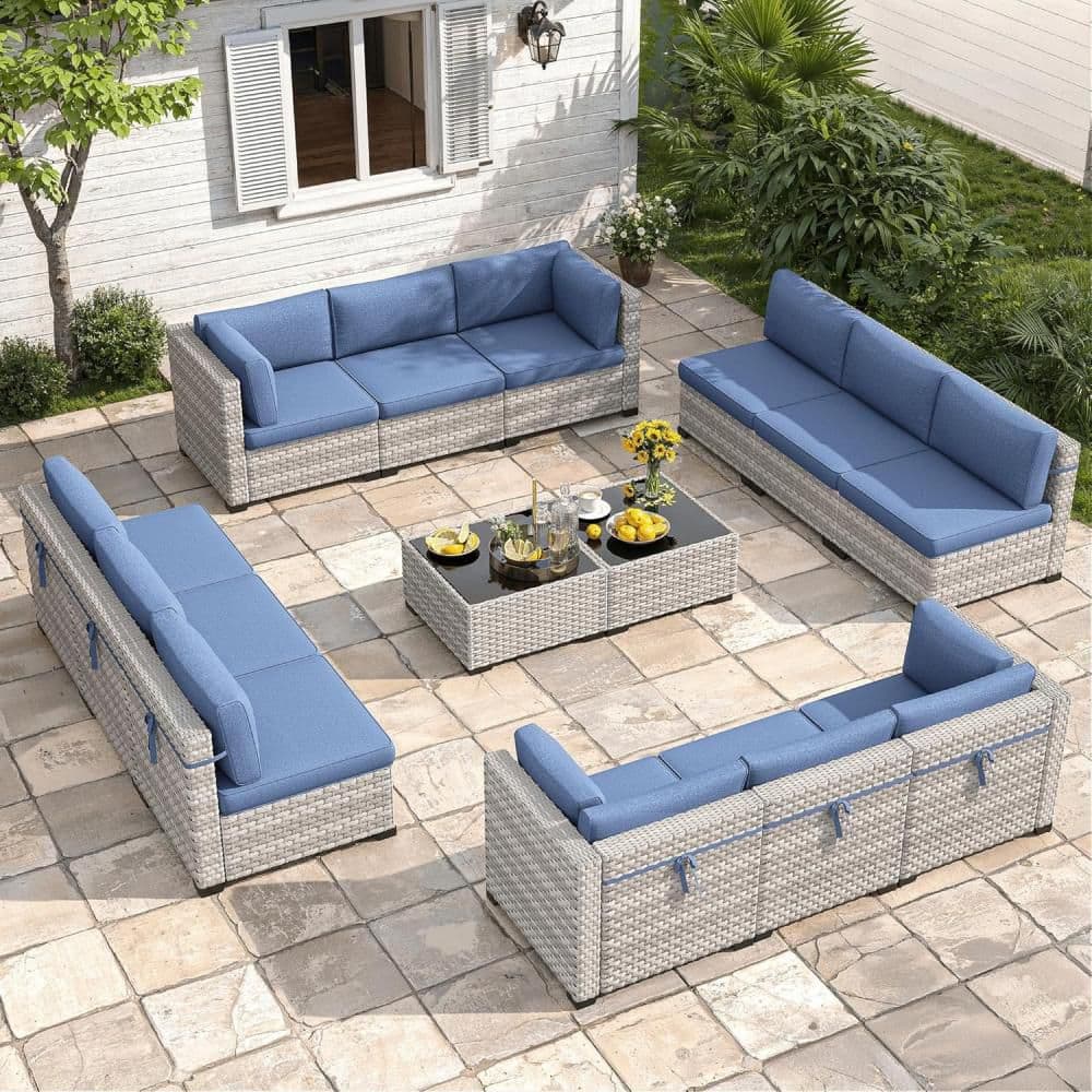14-Piece Wicker Outdoor Patio Conversation Seating Set with Navy Cushions price history on PriceWatchPro