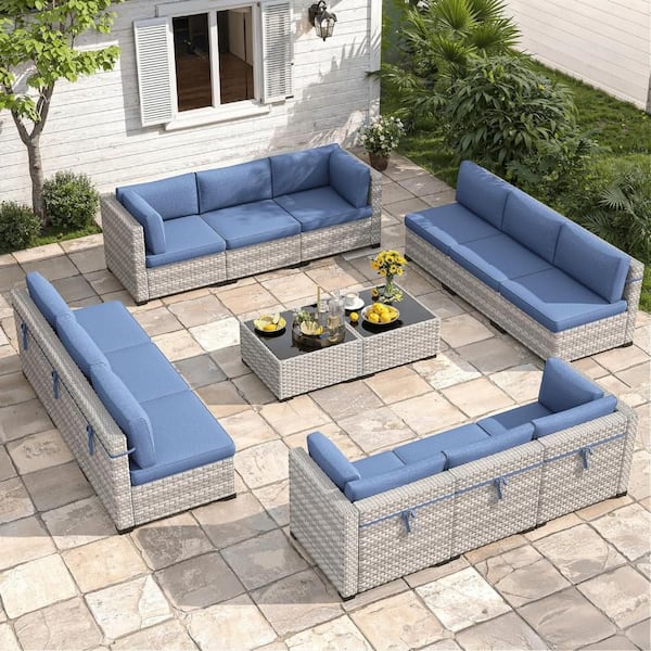 14-Piece Wicker Outdoor Patio Conversation Seating Set with Navy Cushions