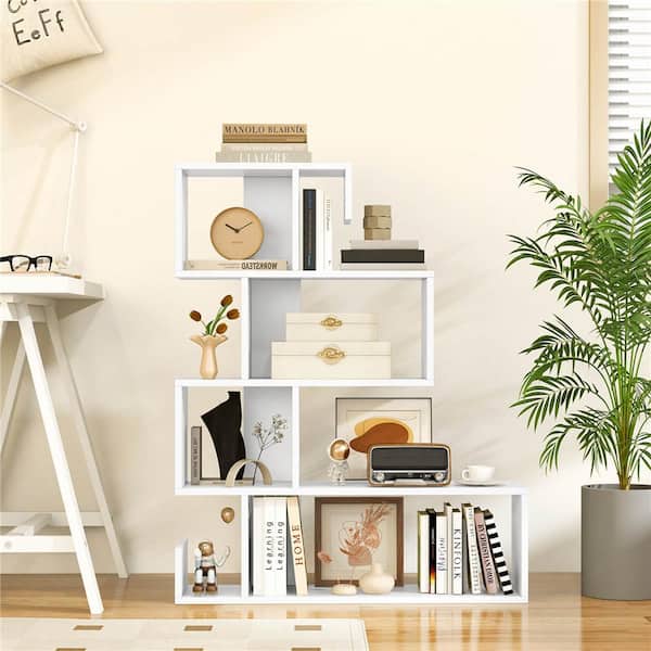 Costway 39.5 in. Tall White Wood 5-Shelf S-Shaped Bookcase with Open Cubes Anti-Toppling Kits Freestanding Bookcase