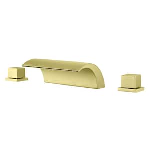 2-Handle Tub Deck Mount Waterfall Roman Tub Faucet Brass 3 Hole Tub Filler in Brushed Gold