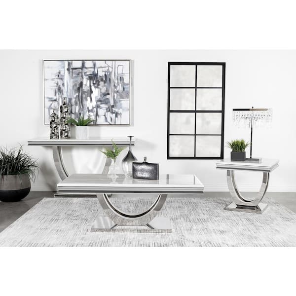 Coaster Adabella 55 in. White and Chrome U-base Rectangle Faux Marble Top Console Table