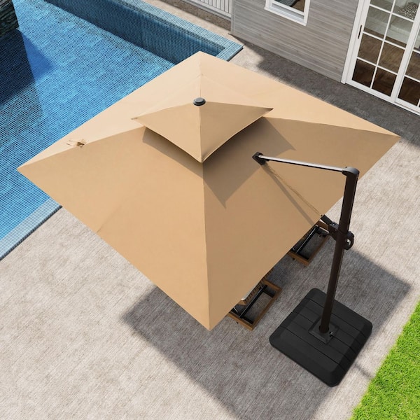 Pellebant 10 ft. Square Aluminum 360° Rotation Offset Cantilever Patio Umbrella in Tan with Umbrella Stand Fillable Base