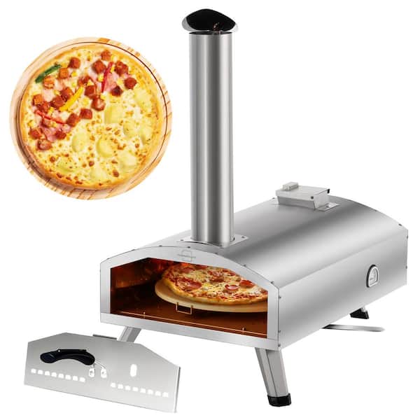 TUYOHW Wood Fired Outdoor Pizza Oven 12 in. with Rotatable Pizza Stone, Silver Stainless Steel Portable Pizza Oven