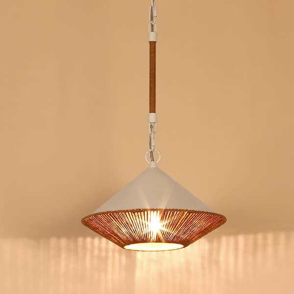 1-Light White Bohemian Island Pendant Light with Hemp Rope Shade
