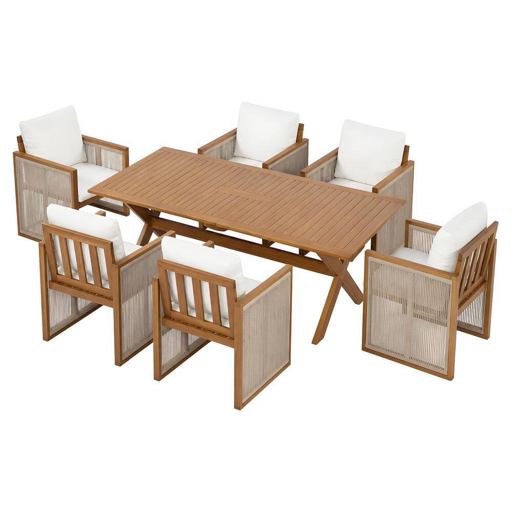 Moore 7-Piece Rectangle Teak Solid Wood Top Outdoor Dining Table Set with Cream Cushion and Beige Handwoven Cord Seats 6 price history on PriceWatchPro