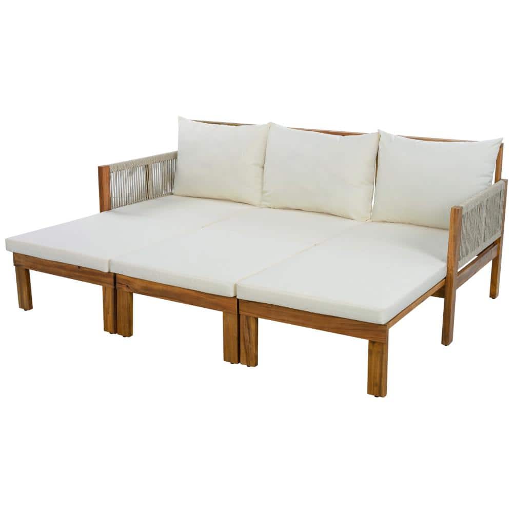 Acacia Wood Outdoor Daybed Patio Sofa Bed With Beige Cushion for Patio, Backyard, Pool