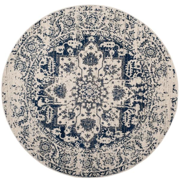 SAFAVIEH Madison Cream/Navy 11 ft. x 11 ft. Geometric Border Floral Medallion Round Area Rug