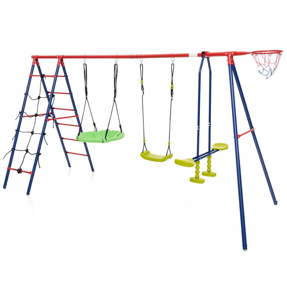 4-Persons Plastic Patio Swing Set with 2 Height Adjustable Swings Glider Basketball Hoop Red & Blue