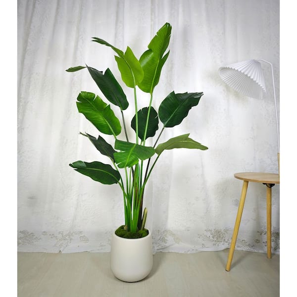 5 ft. Artificial Banana Leaf Tree Bird of Paradise in White Decor Pot, Faux Green Plant Indoor Home Decorative Planter