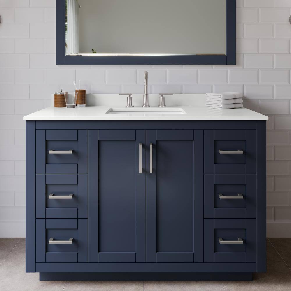 Miranda 48 in. W x 22 in. D x 33.75 in. H Single Bath Vanity in Dark Blue with White Quartz Top and 46 in. Mirror price history on PriceWatchPro