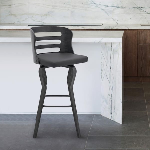 Armen Living Verne 26 in. Gray Swivel Faux Leather and Black Wood Bar Stool