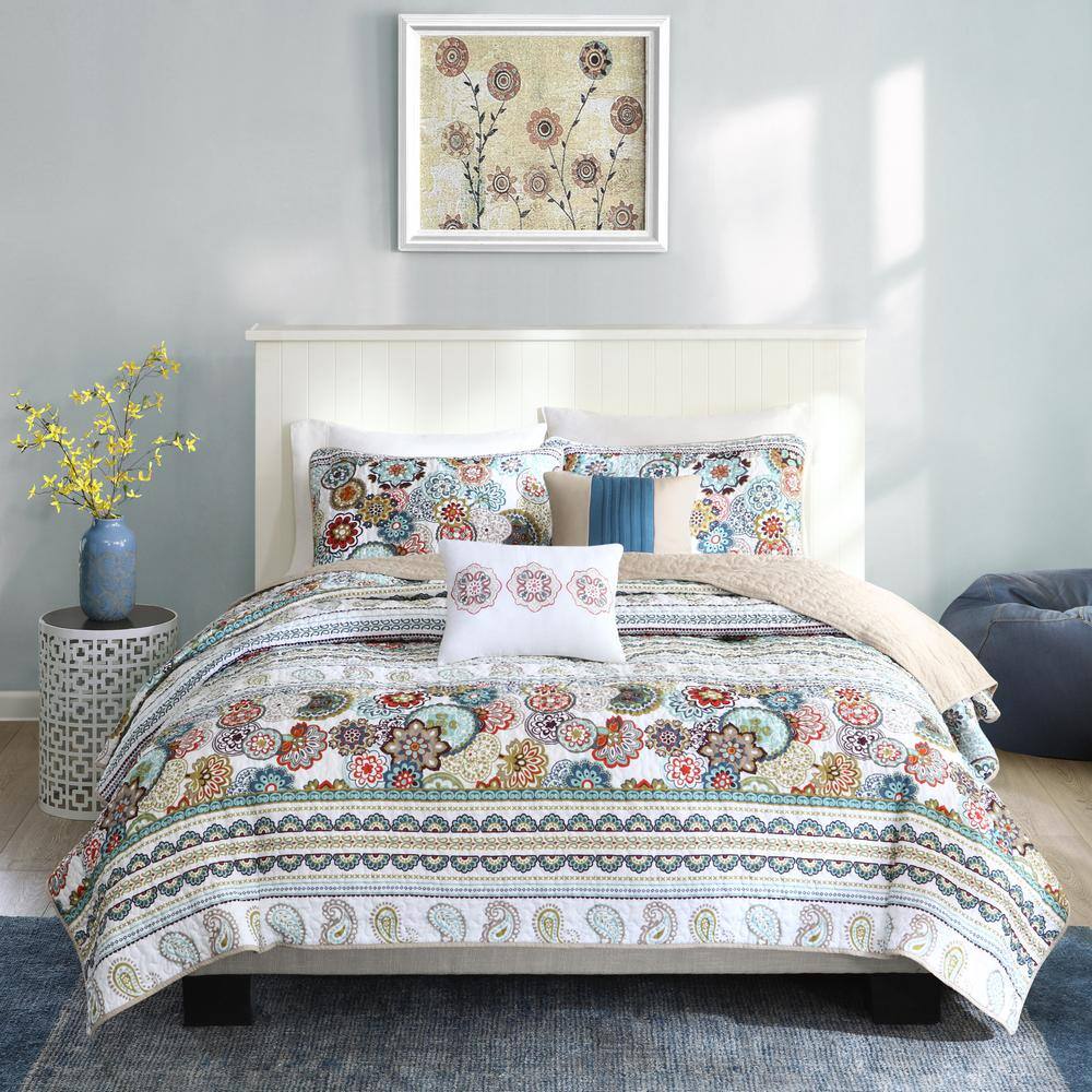 Blue Twin Reversible Microfiber Quilt Set with Decorative Pillows